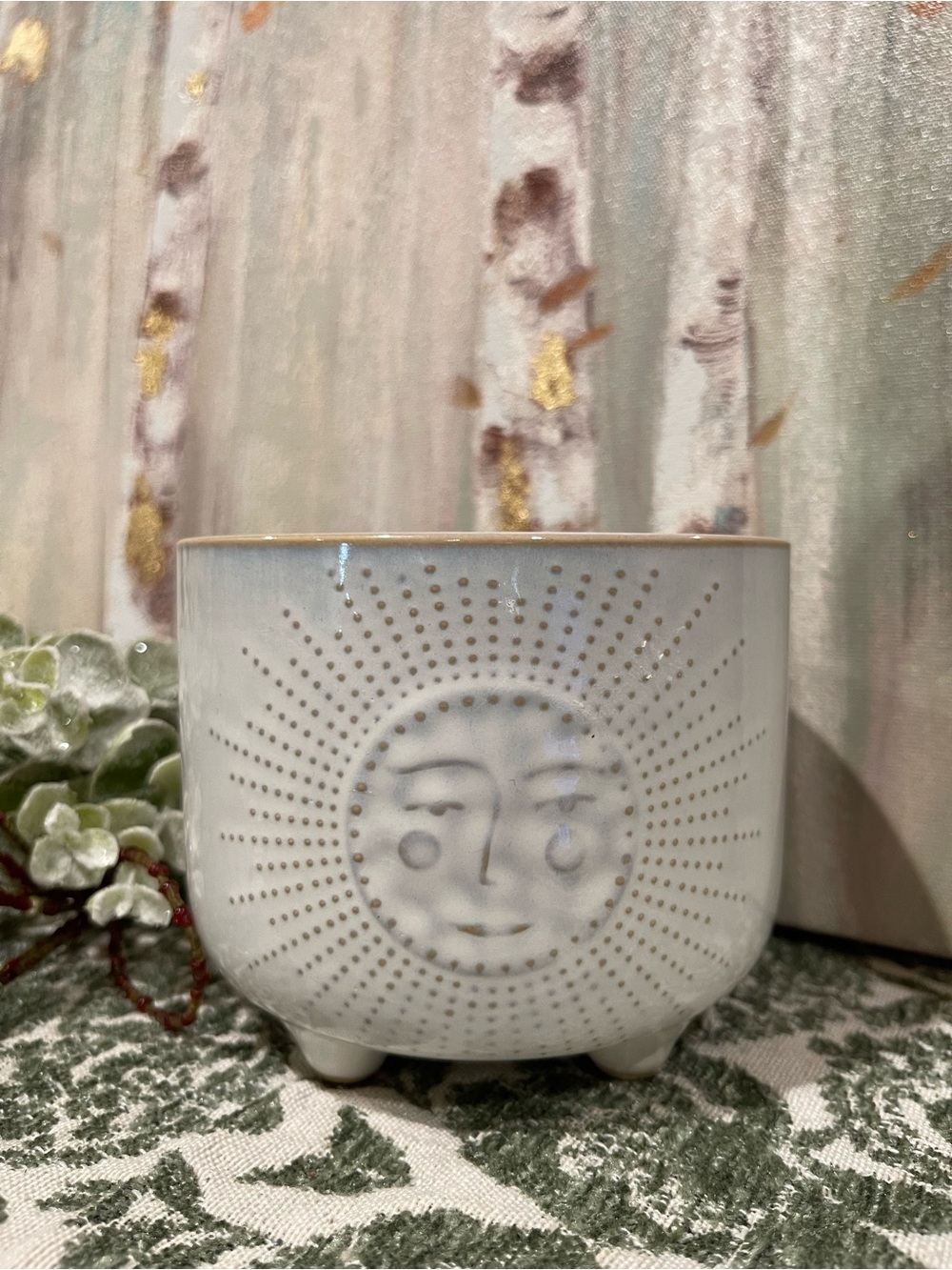 Anthropologie Style Celestial Sun Face Planter Pot Blue Gray Ceramic